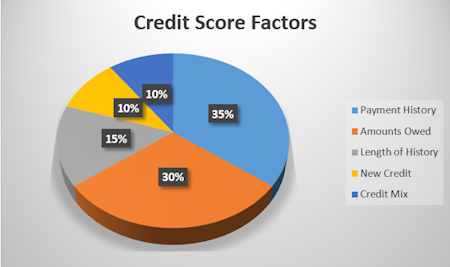 Pie chart listing five credit score factors